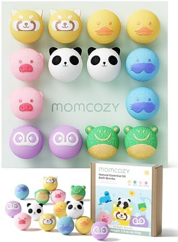 Momcozy Essential Oil Bath Bombs,14 Pcs Bubble Bath Fizzy Balls with 7 Cute Animal Shapes,Bath Bombs Gift Set for Kids Girls Boys Toddler, Ideal Gift for Children's Day, Bath Bomb Kit