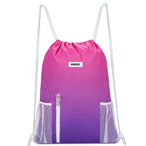 WANDF Drawstring Backpack Sports Gym Sackpack with Mesh Pockets Water Resistant String Bag for Women Men (Rose Red)