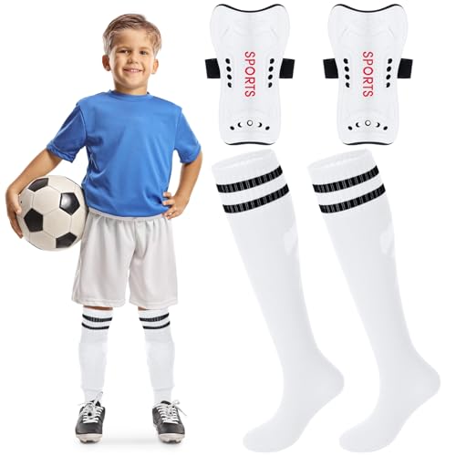 Syhood Soccer Shin Guards and Socks for Toddler Kids Youth, Lightweight Soccer Shin Pads Protective Soccer Gear for 3-5, 5-10, 10-15 Years Old Children Teen Boys Girls Soccer Game (White,S Size)