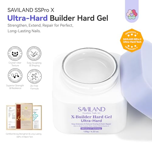 SAVILAND SSProX Ultra Hard Builder Nail Gel: 120 g Clear Plant-Based Hard Gel for Nails Mica Vitamin E Castor Oil U V 3D Nail Extension Gel Strengthening & Thickening DIY Home Use