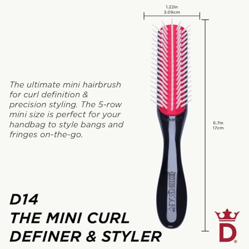 Denman Mini Curl Definer & Styler 5 Row Hairbrush for Detangling, Separating, and Defining Curls, Curly Hairbrush, Sleek Blowdrying - D14