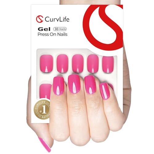 Curvlife Soft Gel Press on Nails, Fake Nails with Bright-Pink Design Full Cover False Nails for Women Reusable Nail Kit with Nail Glue Adhesive Tabs Nail File
