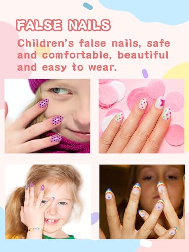 72 Pcs Press on Nails for Kids, Wsimily Lovely Children Fake Nails , 3 Pack False Nails Kit Colorful DIY Nail Art Decorations for Girls, with Jelly Nail Glue and Jelly Nail Adhesives Tools