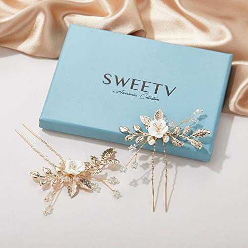 SWEETV 2Pcs Bridal Hair Accessories,Gold Wedding Hair Pins Pieces With White Flowers for Brides