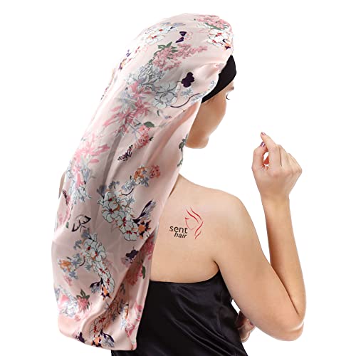 2pcs Extra Long Hair Satin Bonnet for Women, Single-Layer Night Sleep Cap Bonnet with Elastic Band for Braids/Dreadlocks/locs/Curly/Long Hair (Black+Pink Flower)
