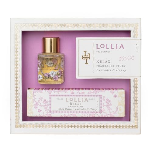 Lollia Relax Fragrance Story Gift Set – .16 fl. oz. Eau de Parfum & .33 oz. Petite Treat Handcreme – Lavender & Honey – Shea Butter Hand Cream for Women, Travel Size Perfume, Hand Lotion for Dry Hands