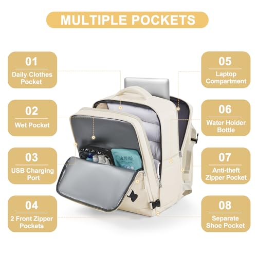 coofay Large Travel Backpack Carry on Flight Approved Mochila De Viaje Personal Item Backpack for Airlines Frontier Airlines Personal Item Bag Large Backpack for Travel Backpacks for Men Women Beige