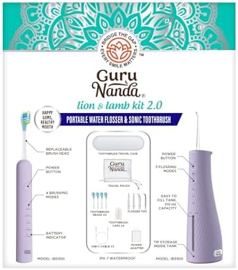 GuruNanda Lion & Lamb Kit 2.0, Electric Toothbrush with Water Flosser Combo, 4 Jet Tips, 4 Brush Heads, & IPX7 Waterproof Design for Complete Oral Care, Lavender
