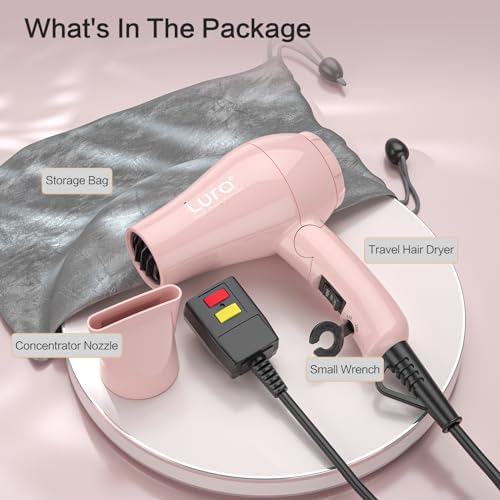 Foldable Travel Hair Dreyr Mini:Dual Voltage Lightweight Blow Dryer with Pouch,1200w Compact Pink Small Hair Dryer for Acrylic Paint Pouring(Light Pink)
