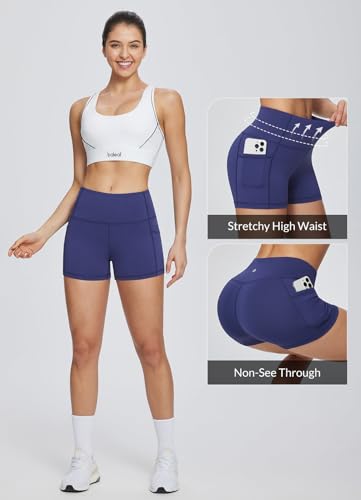BALEAF Biker Shorts Women Yoga Gym Workout Spandex Running Volleyball Tummy Control Compression Shorts with Pockets 3" Navy Blue S
