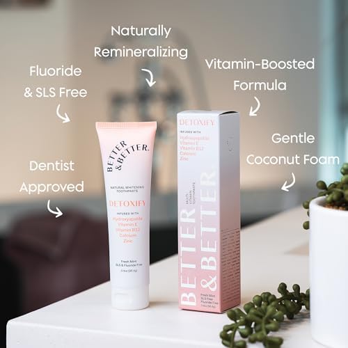 Better & Better Detoxify Hydroxyapatite Toothpaste | Whitening Toothpaste Infused w/Vitamins E & B12, Calcium & Zinc | Fluoride & SLS Free for Sensitive Brushers | Fresh Mint Flavor | 3.4oz, 1 Pack
