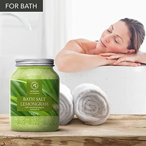 Bath Salts w/Natural Essential Lemongrass Oil 46 Oz (1300g) - Sea Salt Bath for Good Sleep - Bathing - Body Care - Wellness - Beauty - Relaxation - Aromatherapy - Spa - Bath Supplement