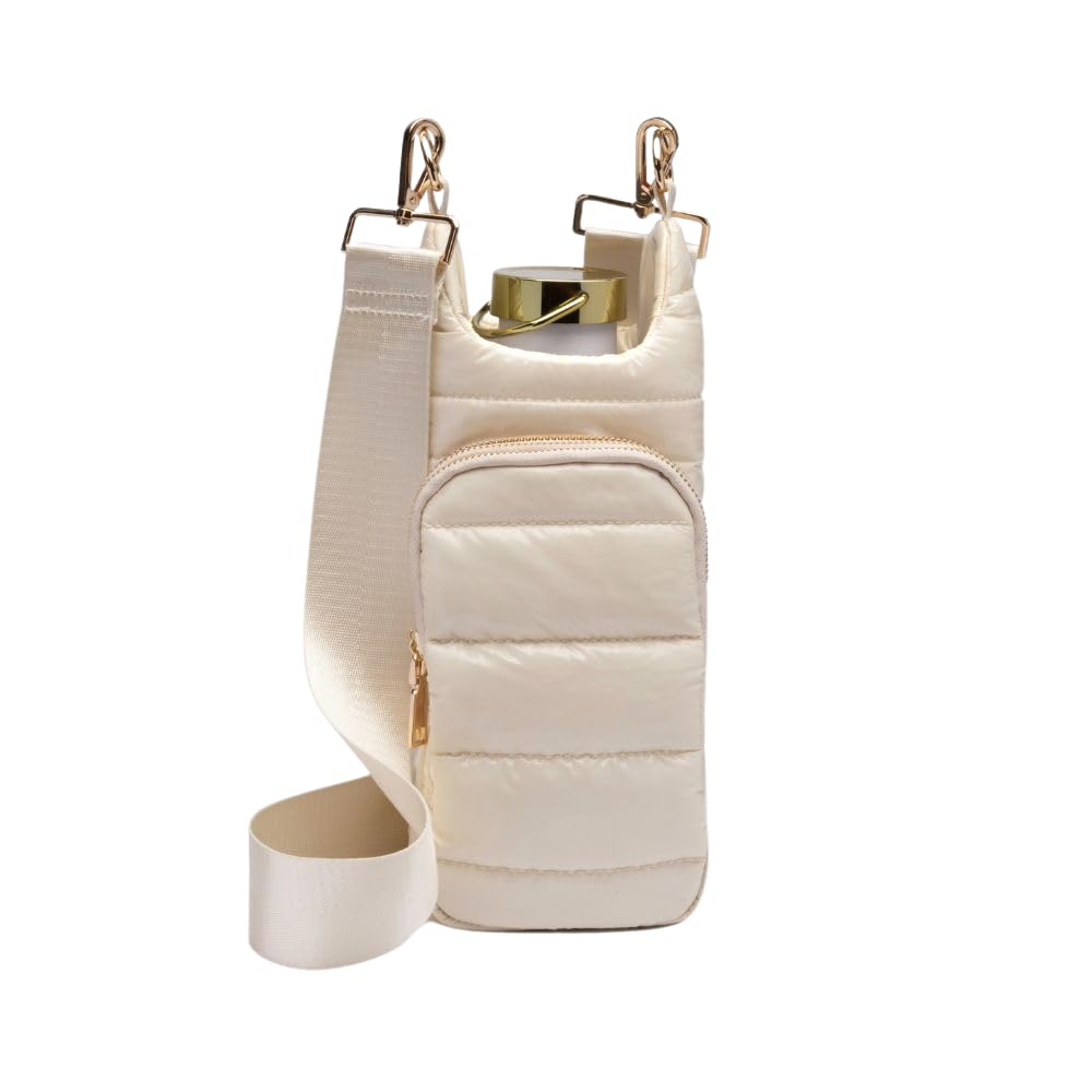 WanderFull Original Crossbody HydroBag | Quilted Water Bottle Carrier | Puffer Tote Tumbler Holder with Pockets for Purse, Phone & Accessories | Carry Travel Essentials (Ivory Gloss)