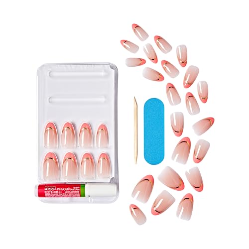 WICKED X KISS Press On Nails Almond, ‘Glamorous Gal’, Pink, Medium, Waterproof, Chip Proof, Smudge Proof, 28 Fake Nails, Pink Gel Nail Glue (2g), Mini Nail File, & Manicure Stick