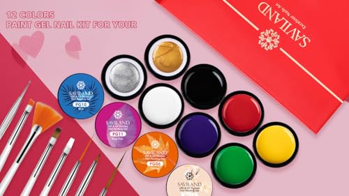 SAVILAND Gel Paint Kit: Gel Nail Polish Kit 12 Colors Soak Off Gels Polish Set with 15 pcs Painting Drawing Nail Brush Pen for Nail Art Design & Nail Salon