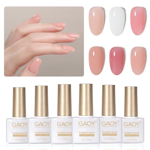 GAOY 6 Colors Rubber Base Gel Set, Jelly Builder Base Nail Gel Nude Sheer White Pink, 2-in-1 Soak Off Nail Strengthener, Blush Jelly