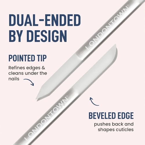 LONDONTOWN Double-Sided Glass Cuticle Pusher - Dual-Ended Under Nail Cleaner and Cuticle Remover Care Tool for Hands & Feet for Manicure Pedicures