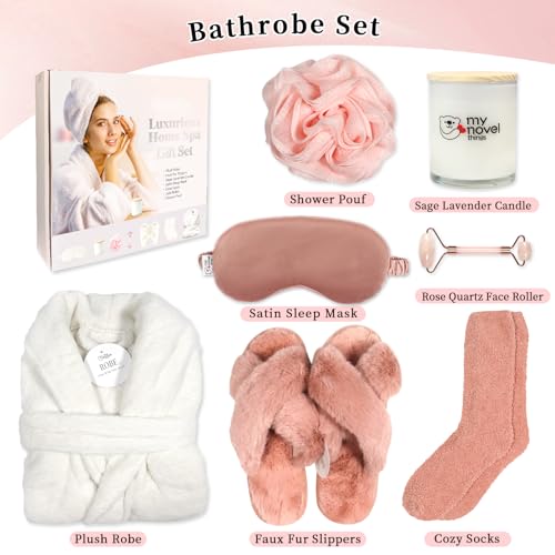Birthday Gifts For Women, Bathrobe Set With Silky Satin Sleep Mask, Spa Robe and Slippers set, Scented Candle Self Care 7 Pack Set Suitable For Christmas Thanksgiven Day Red