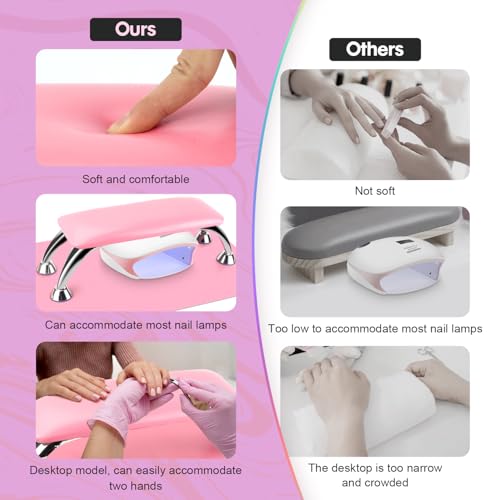 Arm Rest for Nails Tech with Table Mat for Salons and Home Manicures, Soft Microfiber Leather Nail Hand Rest for Relaxing Arms, Non-slip Height Hand Pillow Cushion Nail Salon Manicure (Pink)