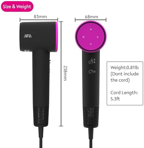 AINA Hair Dryer, Blow Dryer - Brushless Motor, 110,000 RPM Lightweight, Ionic Travel 110V/ALCI Plug(Sexy Rose)