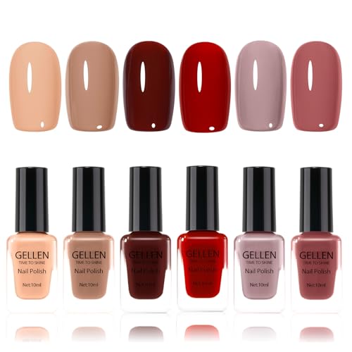 GELLEN Nail Polish Set, Quick Dry Natural Traditional Regular Nail Polish 6 Colors Nude Red Kit for Acrylic Natural Nails Home Salon, Non Gel, No UV, Hema Free, Non-toxic