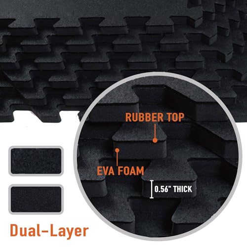AIRHOP 0.56in Thick 24 Sq Ft Exercise Equipment Mats, 6 Tiles Upgraded Rubber Top with High Density EVA Foam, Large Interlocking Puzzle Gym Flooring for Home Gym, Heavy Weight Workout,Black