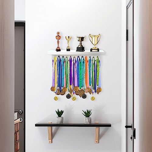DSVENROLY Medal Holder Display Trophy Shelf Organizer,Sturdy Wooden Medal Trophy Hanger Rack with 25 Steel Hooks, Wall Mount Medal Hanger for Race Medals Trophies Easy to Install(Brown)