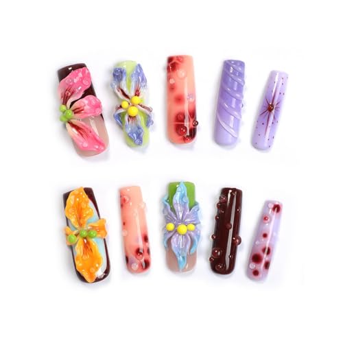 Flower Press on Nails Handmade Long Coffin Muti-Layer Gel Fake Nails Gradient Floral 3D Waterdrop Pattern Design Spring Summer Multicolor Thick False Nails French Tip Acrylic Nails for Women (Size S)