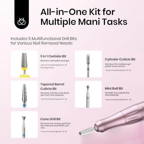Beetles Electric Nail Drill Cordless, 35 Adjustable Speeds Portable Nail Drill Rose Gold Long Battery Life Polishing Set Professional Nails Machine Kit Manicure Pedicure Tools for Home Salon Use