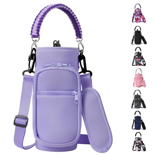 AceTreker 32/40/64/128 oz Neoprene Insulated Water Bottle Carrier Bag, Sport Bottle Sleeve Pouch Holder with Strap & Paracord Handle and 2 Pocket for Travelling, Hiking, Camping-Purple