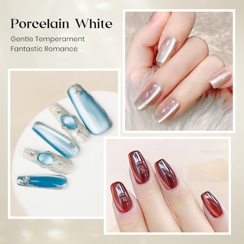 MIZHSE Cat Eye Gel Nail Polish, 8 Colors Ceramic Magnetic Gel Polish Set with Magnet Stick, Glass Effect Crystal Shimmery Silver Brown Green Purple Colors Soak Off Nail Art Salon Home Gift for Women