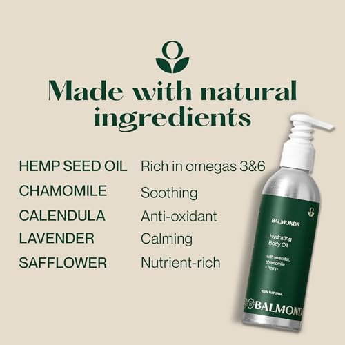 Balmonds Hydrating Body Oil - 100% Natural Skin Oil For Dry & Sensitive Skin, Fragrance Free & Made With Chamomile & Lavender, Vegan & Cruelty Free (6.8 oz)