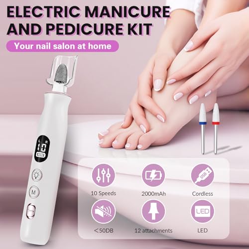 Electric Nail Drill, Cordless 2000 mAh Rechargeable Portable Nail File 12 in 1 Kit for Thick Toenails, 10 Speeds Nail Dril Machine Professional Manicure Pedicure for Hand Natural Nails Care (White)