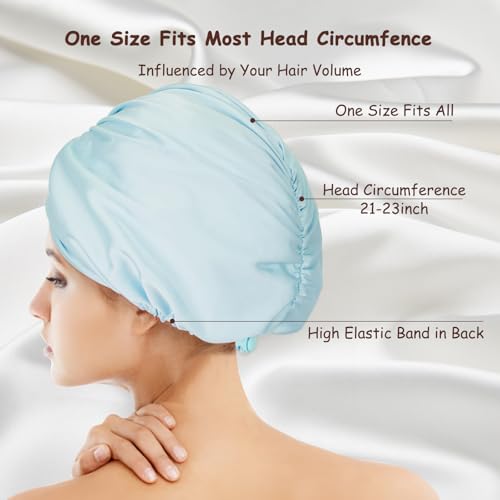 Adjustable Silky Satin Bonnet for Sleeping, Women Night Wrap Sleep Cap, Large Turban Include a Scrunchie for Long Hair Braid Stay on Head (Aqua Blue)