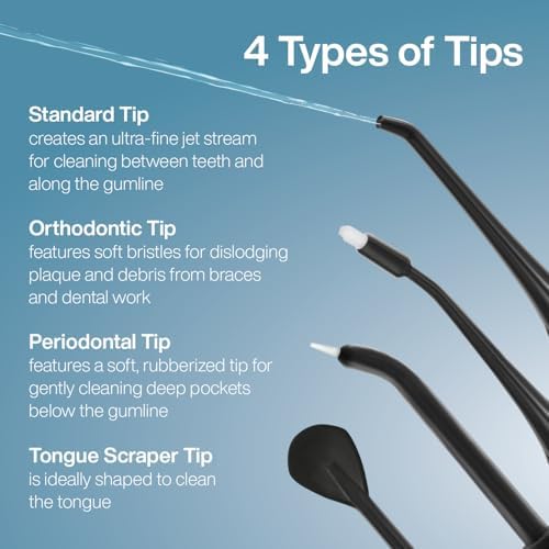 AquaSonic Aqua Flosser Replacement Tips - 5 Tips, 4 Types: Standard, Periodontal, Orthodontic & Tongue Scraper - Genuine, Authentic Parts (Black)