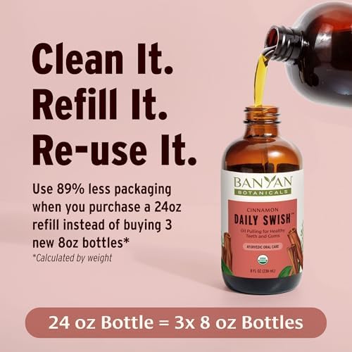 Banyan Botanicals Cinnamon Daily Swish – Organic Ayurvedic Pulling Oil with Coconut Oil – Mouthwash for Fresh Breath and Sparkling Oral Health* – 8 oz – Non GMO Sustainably Sourced Vegan