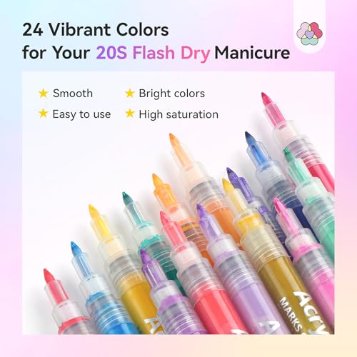 SAVILAND Essentials Nail Art Pens Set: 24 Colors Spring Summer 3D 0.7MM Quick Dry Nail Polish Pens for Nail Art Design Acrylic Paint Makers Drawing Point Liner Pen Dotting Tools Brush Home Salon DIY