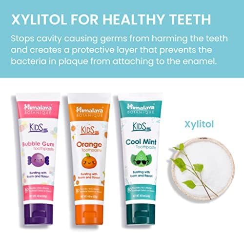 Himalaya Botanique Kids Toothpaste with Xylitol, Variety Pack of Bubble Gum, Orange & Cool Mint - Fluoride Free Toothpaste - Vegan, Gluten Free, No Artificial Flavors or Colors, 4 oz (Pack of 3)