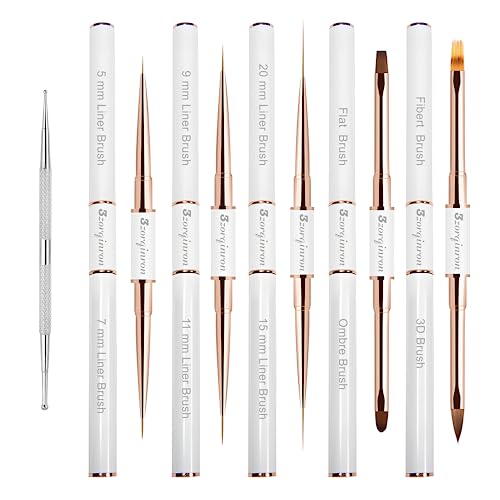 Nail Art Bushes Set, Professional 5Pcs Double-Ended Nail Brush Kit for Details, Long Lines, Ombre & 3D Design-Perfect for DIY Manicures & Salons (White)