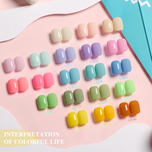 GAOY 23 Pcs Gel Nail Polish Kit, Pastel Macaron Colors Bright Pink Green Yellow Blue Popular Colors UV Gel Nail Polish Set with Glossy & Matte Top Coat and Base Coat for Nail Art DIY Gel Nail Kit