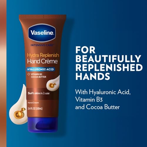 Vaseline Hand Cream 2-Pack – Hydra Replenish Crème with Hyaluronic Acid, Niacinamide & Cocoa Butter for Soft Skin + Cocoa Butter Lip Therapy Tube with Petroleum Jelly