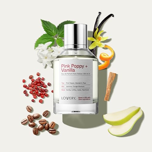 LOVERY Pink Poppy & Vanilla Perfume for Women, 100ml Clean Fragrance Perfumes for Womens, Long Lasting Vegan, Natural Ingredients, Vanilla, Coffee, Patchouli, Birthday Gifts for Mom, Wife, USA