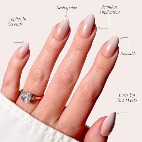 Glamnetic Press On Nails - Fiancéd | Short Almond Fake Nails with a Nude Ombré for Weddings, Glossy Glazed Finish, Reusable | 15 Sizes - 30 Nail Kit with Glue