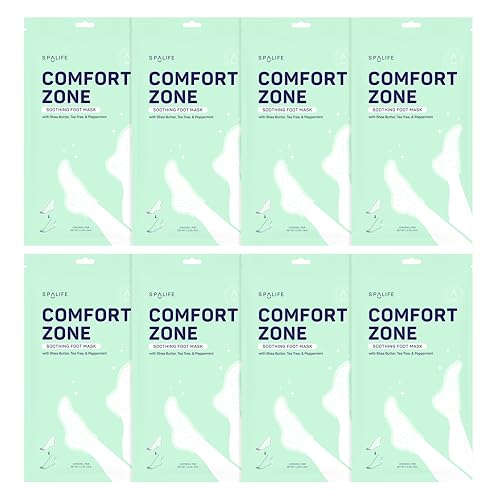 SpaLife Beauty Comfort Zone Soothing Foot Masks – Hydrating and Moisturizing Foot Socks – Hydrating Foot Mask – Soothes Rough, Cracked, Dry Feet with Tea Tree Oil – Shea Butter – Peppermint – 8 Pack