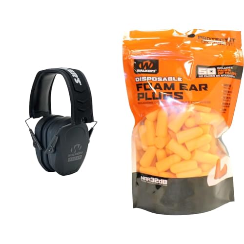 Walker's Razor Slim Passive Earmuff - Ultra Low-Profile Earcups 50 Pairs Passive Foam Ear Plug Pouch, Orange