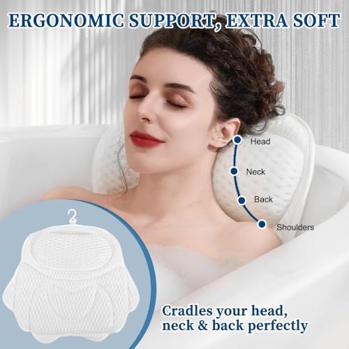 Bath Pillow Bathtub Pillow, Luxury Bath Pillows for Tub Neck and Back Support, Tub Pillow for Bathtub Headrest with Laundry Bag, Bath Accessories for Women Relaxing Spa Gifts, White Bath Tub Pillow