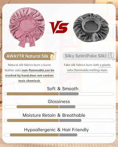 AWAYTR 100% Mulberry Silk Hair Bonnet for Women Sleeping with Tie Band 19 Momme Silk Sleep Cap Night (US, Alpha, One Size, Pale mauve)