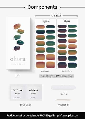 ohora Semi Cured Gel Nail Strips (N Autumn Ombre) - Green/Brown Works with Any UV/LED Lamps, Salon-Quality, Long Lasting, Easy to Apply & Remove - Includes 2 Prep Pads, Nail File & Wooden Stick
