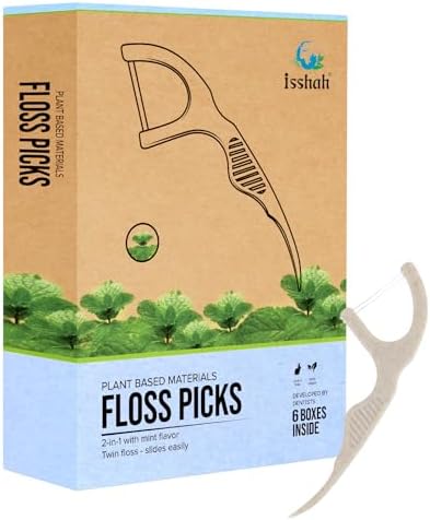 Natural Dental Floss Picks (300 Count) - Kraft Paper Box Packaging, Plant Based, PETA Approved Vegan, Eco Friendly, Sustainable Dental Flossers - Twin Floss (Mint)