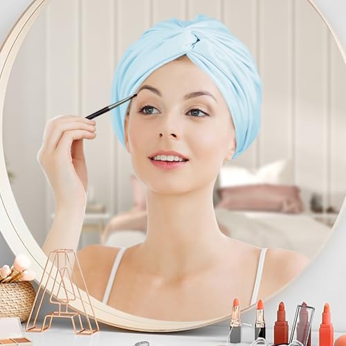 Adjustable Silky Satin Bonnet for Sleeping, Women Night Wrap Sleep Cap, Large Turban Include a Scrunchie for Long Hair Braid Stay on Head (Aqua Blue)